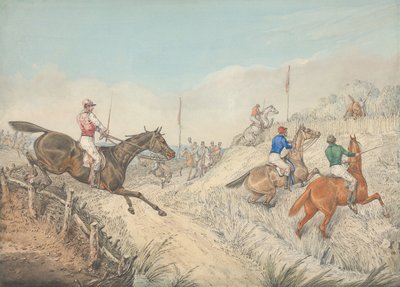 Steeplechasing: The Field Jumping In and Out of a Lane by Henry Thomas Alken