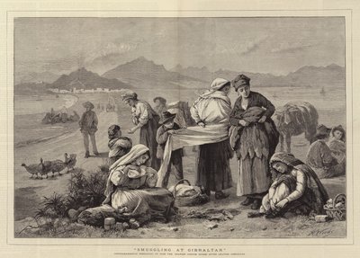 Smuggling at Gibraltar, Contrabandistas preparing to pass the Spanish Custom House after leaving Gibraltar by Henry Woods