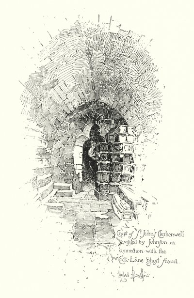 Crypt, St John’s Clerkenwell, visited by Dr Johnson in connection with the Cock Lane Ghost fraud by Herbert (after) Railton