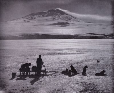 Sledge and dogs, with Mount Erebus in background by Herbert Ponting