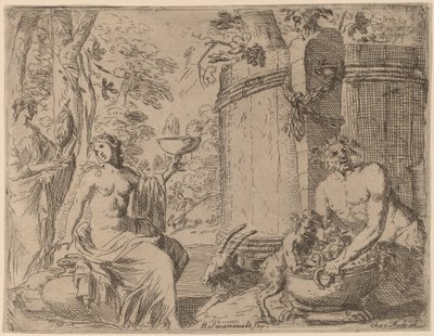 Two Nymphs and a Satyr before a Large Vat by Herman van Swanevelt