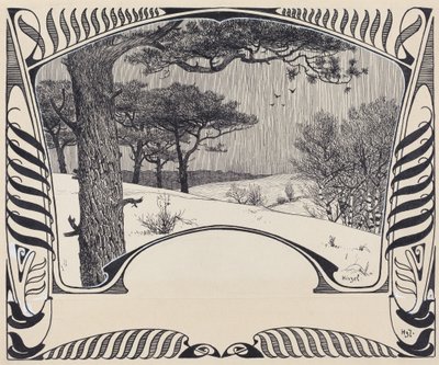 A Winter Landscape Within a Jugendstil Border by Hermann Hirzel