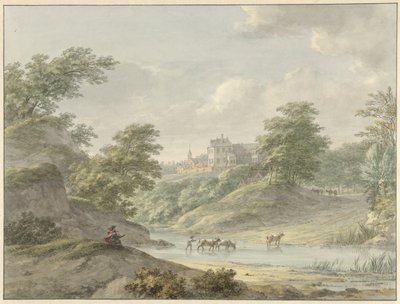 Landscape with Seated Draughtsman and Castle by Water by Hermanus Numan