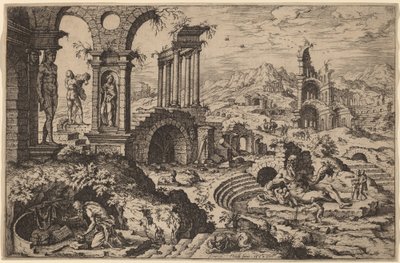 Saint Jerome in a Landscape with Ruins by Hieronymus Cock after Maerten van Heemskerck