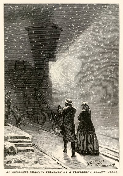 An enormous shadow, preceded by a flickering yellow glare, from Around the World in Eighty Days by Jules Verne, engraved by Adolphe François Pannemaker, 1873 by Hippolyte Leon after Benett