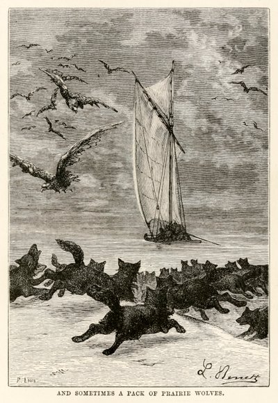 And sometimes a pack of prairie wolves, from Around the World in Eighty Days by Jules Verne, engraved by Louis, 1873 by Hippolyte Leon after Benett