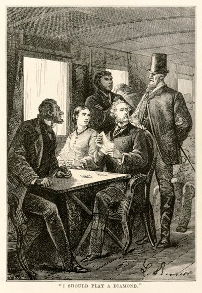 I should play a diamond, from Around the World in Eighty Days by Jules Verne, engraved by Adolphe François Pannemaker, 1873 by Hippolyte Leon after Benett