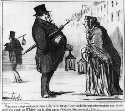 Indispensable precaution that Parisians take when they leave their homes, even in the middle of noon, since they were taught by Monsieur Babinet that the sun could fade from one moment to the next, cartoon by Honore Daumier. 