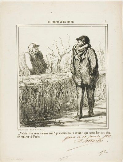 Hello, neighbour, are you like me? I start to believe we would do well returning to Paris, plate 1 from La Campagne En Hiver by Honoré Victorin Daumier