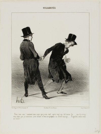 "- How do you know that I am a widower? After twenty years of forced labour, not marriage, I am slowly starting to pull myself together again, and there you are, proposing me a second marriage! Ragoulet, would you please stop holding my hand!", plate 10 by Honoré Victorin Daumier