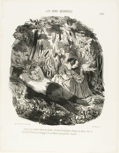 At 30°C, lucky he who can escape and snooze in the forest of Saint-Germain accompanied by his wife and a few lizards, plate 27 from Les Bons Bourgeois by Honoré Victorin Daumier