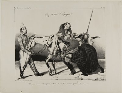 Departure for Spain. “He will mount! he will not mount! he will mount! and no, he will not mount!!!,” plate 498 by Honoré Victorin Daumier