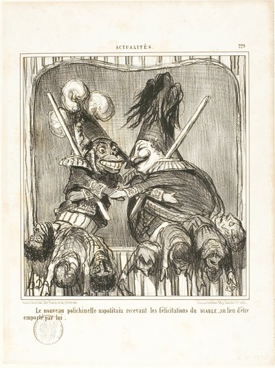 The New Neapolitan Buffoon. Receiving the congratulations of the DEVIL instead of being carried off by him, plate 229 from Actualités by Honoré Victorin Daumier