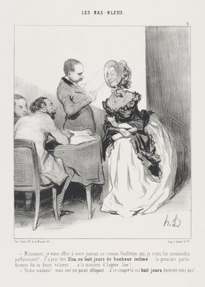 Gentlemen, I come to offer your newspaper a serial novel which, I believe, will suit it perfectly! ... it is titled Eloa, or eight days of intimate happiness ... the first part will form ten or twelve volumes ... in the manner of Eugène by Honoré Daumier