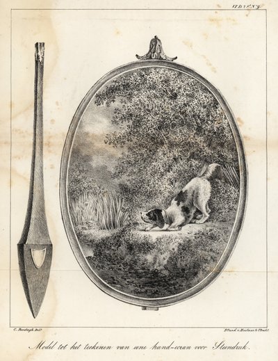 Model for a design for an embroidered hand-screen showing a dog on a riverbank by Houtman Van
