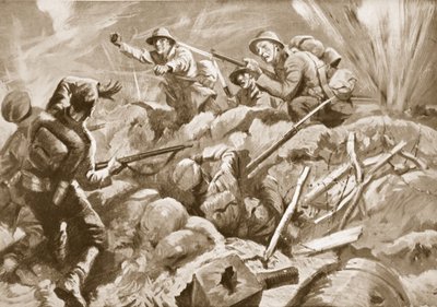 Temporary Second Lieutenant T.E. Adlam, though wounded, leads his men in a dashing attack, capturing the German position and killing the defenders by Howard K. Elcock