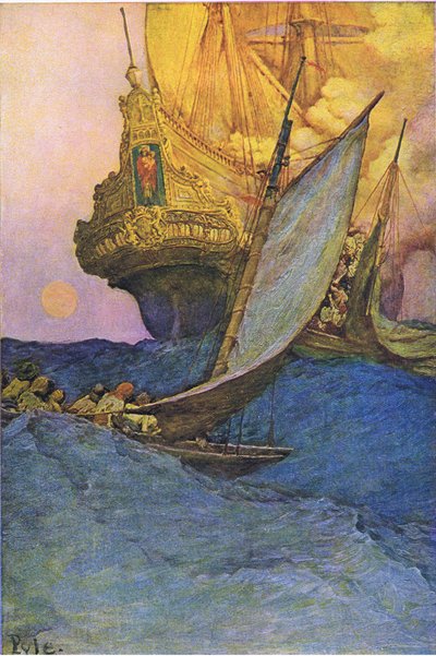 An attack on a galleon by Howard Pyle