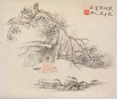 Album of Landscape Paintings Illustrating Old Poems: Two Figures Outside..., 1700s by Hua Yan