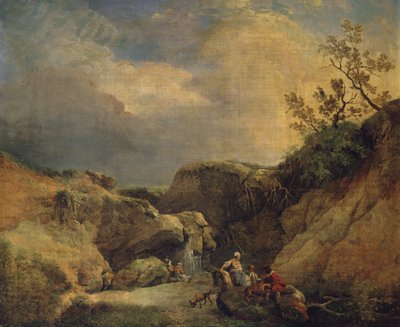 A Rocky Wooded Landscape with Travellers Conversing by a Waterfall by Hubert (circle of) Robert