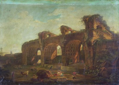 The Basilica of Maxentius in the Roman Forum with Peasants and Cattle in the Foreground by Hubert (circle of) Robert