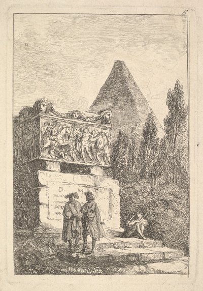 Plate 6: The Sarcophagus: two men conversing to left, another man seated and sleeping by Hubert Robert