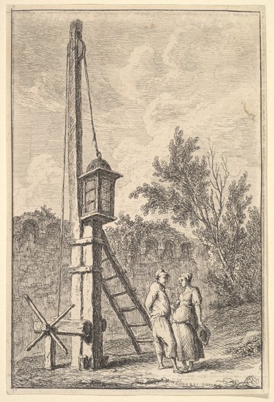 Plate 9: The Pulley: A Man and a Woman Conversing to the Right, a Lantern Hung on a Post, ca. 1763-64 by Hubert Robert