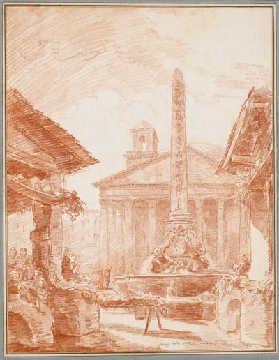 View of the Piazza della Rotonda in Rome with the Tritons fountain and the Pantheon facade by Hubert Robert