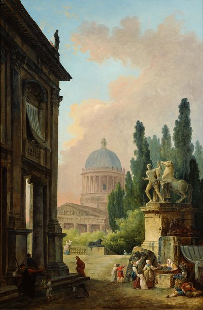 Mont Cavallo Statue and View of the Imaginary Roman Landscape with the Chapel by Hubert Robert