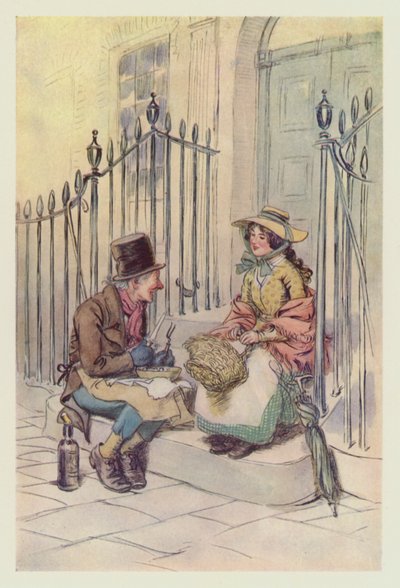 Trotty Veck, with his daughter Meg, dining on the steps by Hugh Thomson