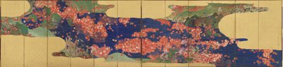 Maple Leaves on a Stream, Six-Panel Screen, Edo Period by Ikeda Koson