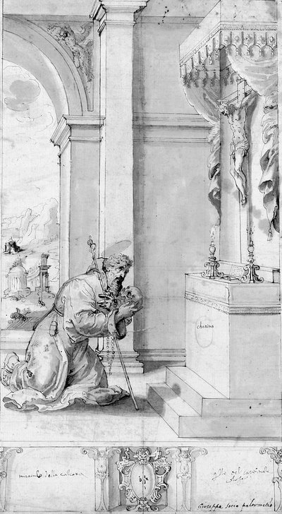A saint kneeling before an altar with a crucifix: design for a processional banner by Il (c.1550 1611) Sozzo