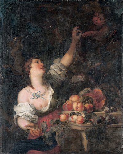 A woman picking grapes and a putto by a Classical pedestal adorned with fruit by Il Borgognone
