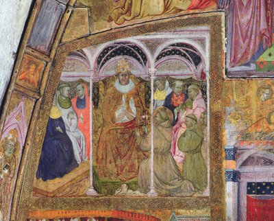 St. Francis Imploring Pope Honorius III for the Confirmation of the Indulgence, Fresco from the Porziuncola, 1393 by Ilario da Viterbo