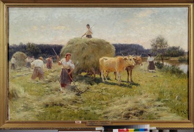 Hay Making (Summer agricultural scene, peasants gathering hay in an ox-drawn cart) by Ilya Efimovich Repin