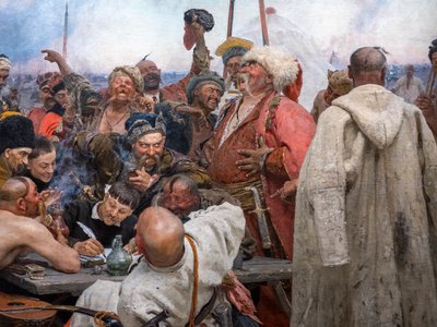 The Zaporogues Cossacks Writing a Letter to the Sultan of Turkey by Ilya Efimovich Repin