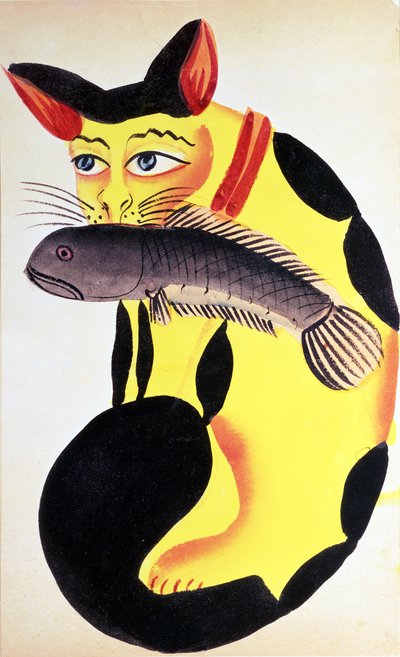 A cat with a fish in its mouth, from the Rudyard Kipling collection by Indian School