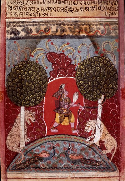 A cobra snake is captured in a forest populated with animals. Miniature of the school of Malwa around 1680 by Indian School