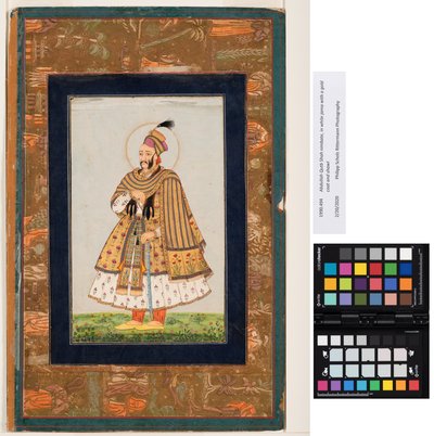 Abdullah Qutb Shah nimbate, in white jama with a gold coat and shawl by Indian School