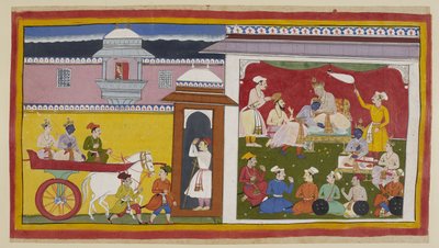 Sumantra brings Rama and Laksmana in a chariot to Dasaratha