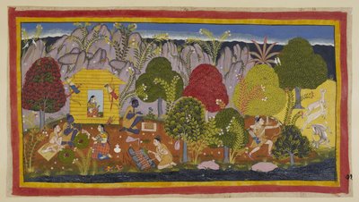 Prior to Taking Up Their Abode in the Hut, Oblations Have to Be Made to the Presiding Deities. Laksmana Hunts Deer on the Right, and Returns to the Hut to Cook It; Rama Offers Part of It as a Sacrifice. The Two Brothers Then Eat. by Indian School