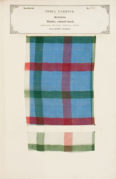 Coloured check muslin sample from Arnee in Madras, from The Collection of the Textile Manufacturers of India, by John Forbes Watson, published in 1866 by Indian School