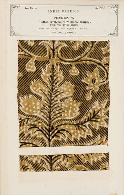 Cotton sample with chetee (chintz) print from Arcot in Madras, from The Collection of the Textile Manufacturers of India, by John Forbes Watson, published in 1866 by Indian School