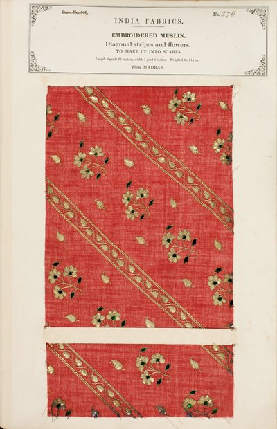 Embroidered muslin sample from Madras, from The Collection of the Textile Manufacturers of India, by John Forbes Watson, published in 1866 by Indian School