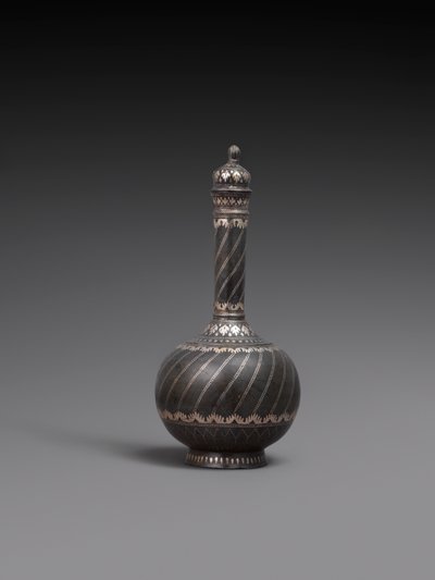 Flask and cover and stand, or dish of metal alloy inlaid with silver, 1700-99 by Indian School