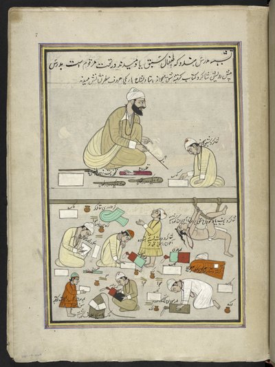 Hindu teacher with pupils, 86 drawings bound into a volume depicting trades and occupations in Kashmir, Craftsmen are shown at work with their implements and equipment, By a Kashmir artist, probably at Srinagar by Indian School