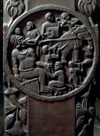 Indian art, Hinduism: low relief representing monkeys tearing a tooth from a giant using elephants. 2nd century BC. Kolkata, Indian Museum by Indian School