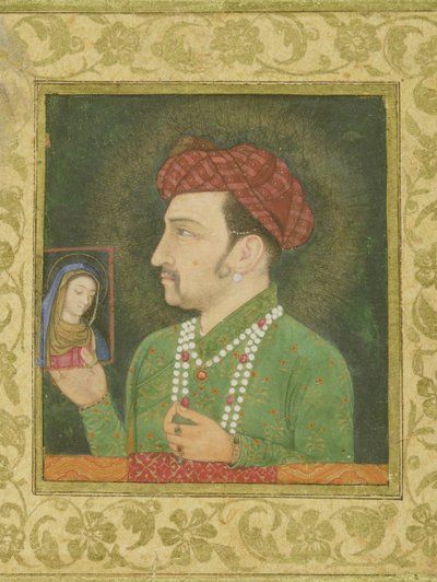 Jahangir holding a picture of the Madonna, inscribed in Persian: Jahangir Shah, Mughal by Indian School