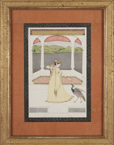 Lady enticing a peacock with a strand of pearls by Indian School
