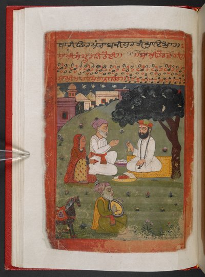 MS Panj B 40, f.28v, Guru Nanak with Mata Tripta and Mehta Kalu upon his Returns from his 