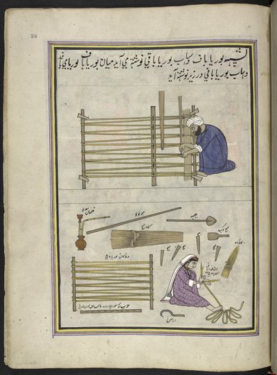 Mat-maker and his wife making mats of split reeds, 86 drawings bound into a volume depicting trades and occupations in Kashmir, Craftsmen are shown at work with their implements and equipment, By a Kashmir artist, probably at Srinagar by Indian School